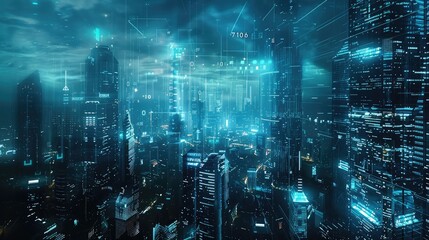 A futuristic cityscape with digital overlays of data and technology elements.