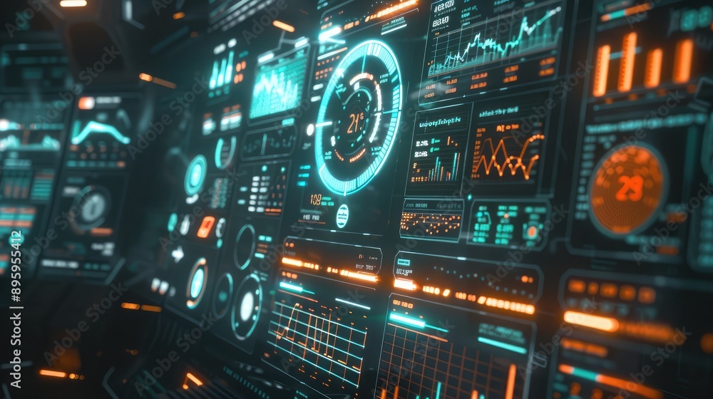 Poster a futuristic digital interface displaying key business metrics and graphs.
