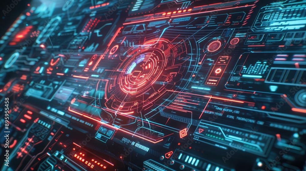 Poster a futuristic digital interface with holographic communication icons and data streams