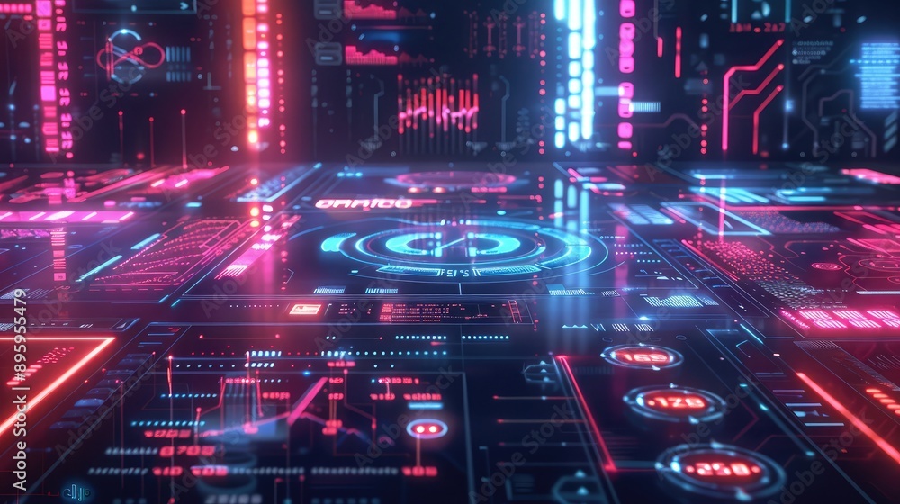 Poster a futuristic digital interface with holographic communication icons and data streams