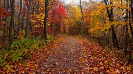 A beautiful forest trail covered in a vibrant mix of autumn leaves, with the trees above showing off their rich fall colors and a peaceful ambiance.