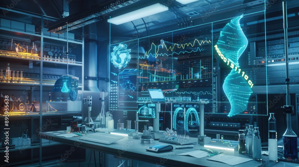 Poster a futuristic lab environment with holographic displays showing scientific data.