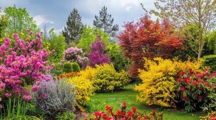 A beautiful spring garden featuring a variety of flowering shrubs, such as forsythia and azaleas, creating a lush and colorful landscape