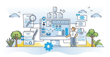 Contract management software with automatic digital deal tool outline concept, transparent background. Computer system with AI technology for effective document administration.