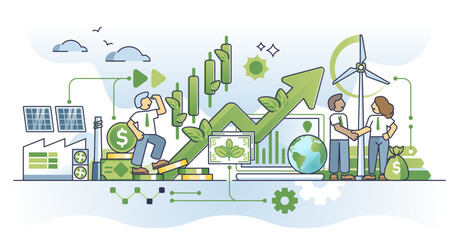 Naklejka premium Green finance and impact investing for sustainable business outline concept, transparent background. Environmental investment evaluation with renewable resources consumption illustration.