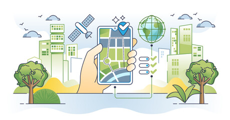 Geofencing technology as focused area marketing notifications outline concept, transparent background. Location services with GPS satellite signal for smartphone ads illustration.