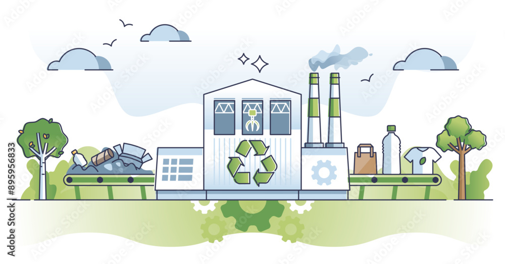 Poster waste processing facility for trash sorting and recycling outline concept, transparent background. p