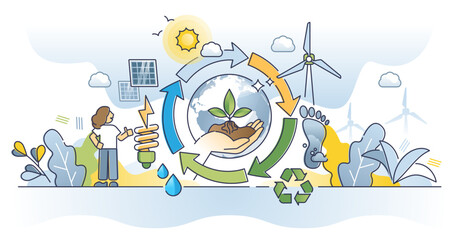 Sustainability awareness or environmental nature care outline concept, transparent background. Ecology campaign for carbon footprint reduction, alternative resources consumption.