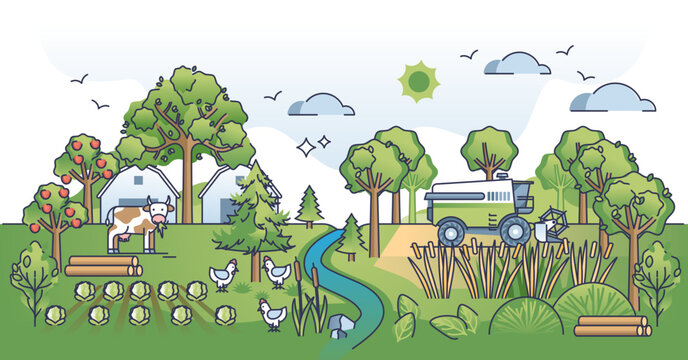 Agroforestry as land use practice for ecological farming outline concept, transparent background. Environmental animal husbandry with sustainable biodiversity and various plants growing illustration.