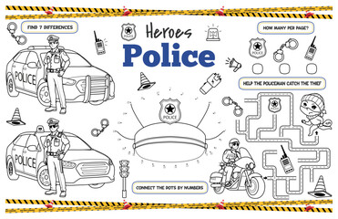 Festive placemat for children. Printable activity sheet "Heroes Police" with a labyrinth, connect the dots and find differences. 17x11 inch printable vector file	