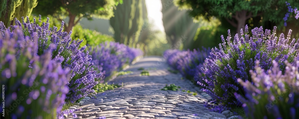 Wall mural Fragrant lavender bushes lining a cobblestone path, 4K hyperrealistic photo