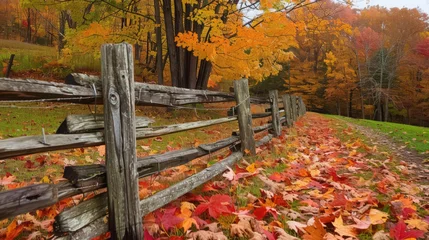Fleecedeken met foto A charming rural scene with a rustic fence surrounded by piles of colorful autumn leaves, capturing the essence of a traditional fall harvest © Thirawat