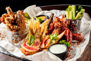 A tempting spread of fried foods, including crispy chicken, golden fries, and assorted snacks, served with flavorful dipping sauces on a rustic wooden table.