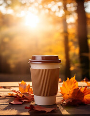 Disposable coffee cup on wooden surface and colorful autumn leaves. Takeaway hot beverage drink