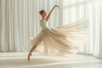 Naklejka premium Graceful ballerina in a flowing dress dancing elegantly in a bright, airy studio, showcasing movement and poise.