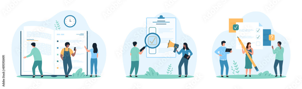 Poster satisfaction survey, filling out documents, questionnaire and notes set. tiny people read book with 