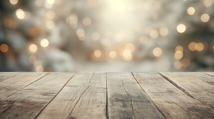 A wooden table with a blurry background and a few lights in the background