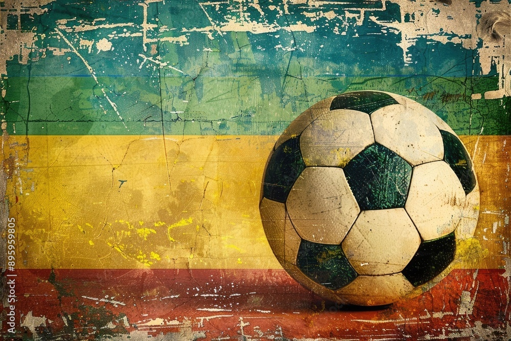 Wall mural Vintage soccer ball with Brazil flag colors.