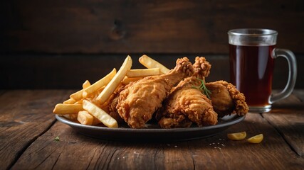 fried chicken with french fries on wooden table photo for ad marketing business background