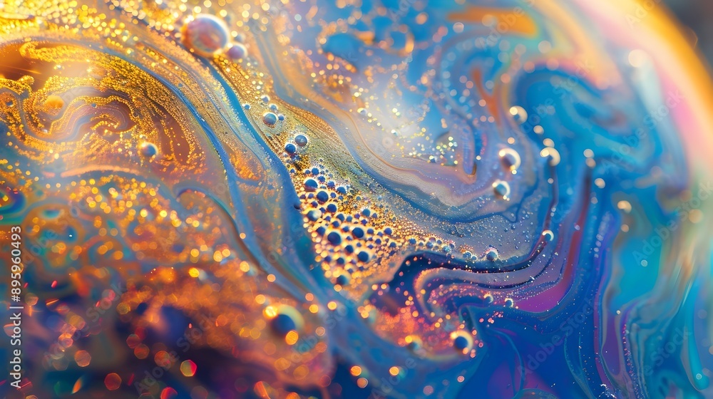 Poster Hypnotic Iridescent Soap Bubble Surface in Macro View,Captivating Colorful Abstract Reflection