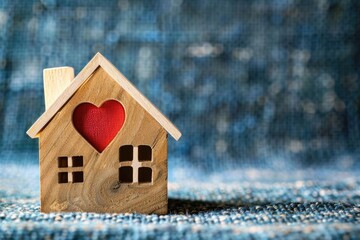 Wooden house miniature with red heart shape isolated on blue background.