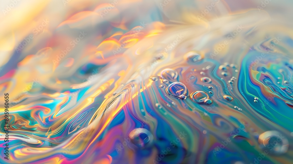 Poster mesmerizing iridescent soap bubble surface in macro view with vibrant prismatic colors
