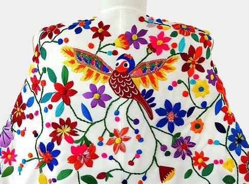 Colorful Mexican embroidery floral pattern on a white background