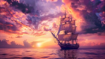 Fototapeta premium Sailing into the Sunset with a Tall Ship