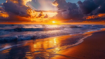 A dramatic beach sunset with the sun partially hidden behind dark, fluffy clouds, casting golden rays through the gaps and creating