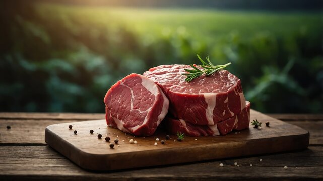 raw beef meat on wooden table photo for ad marketing business background