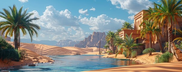 Obraz premium Arabian Nights Desert Oasis, 4K hyperrealistic photo