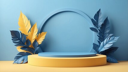 A natural abstract scene with a blue 3D Podium for displaying products with blue leaves on a yellow background