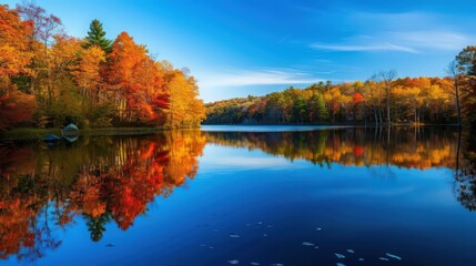 A scenic view of a tranquil lake surrounded by trees displaying their vibrant fall colors, with the rich hues of the leaves mirrored in the calm water