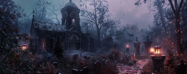 Obraz premium Gothic Cemetery Nightfall, 4K hyperrealistic photo