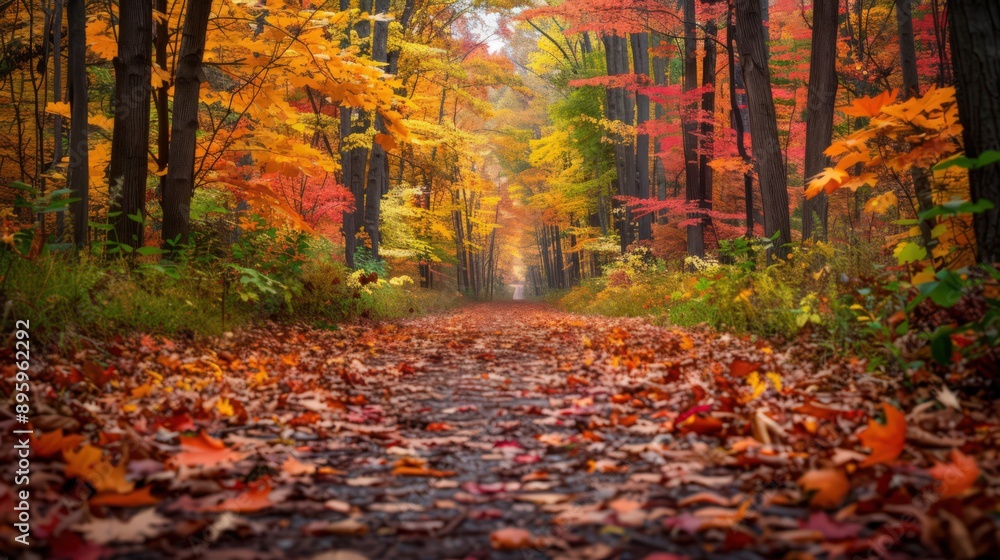 Poster a serene autumn scene with a trail covered in fallen leaves, leading through a forest of trees displ