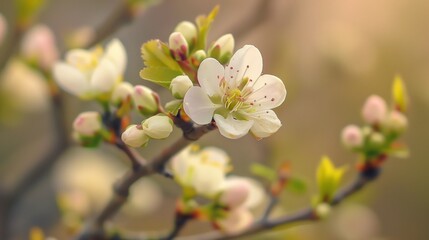 Obraz premium Close-up of delicate white flowers on peach branches with green leaves and pink buds in spring. Essence of renewal and natural beauty, ,vibrant colors and intricate details. Blossoming peach trees.