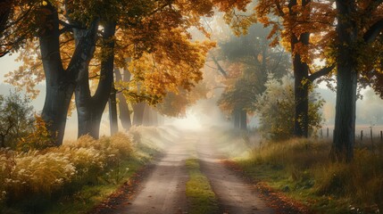 Obraz premium A serene autumn morning with a gentle mist rising over a path lined with trees in full fall color, creating a picturesque and calming atmosphere