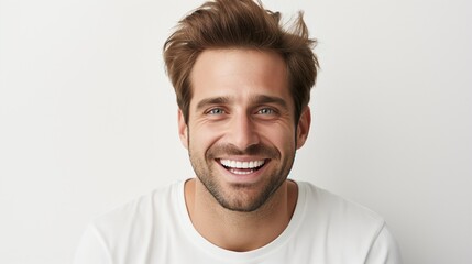 Fototapeta premium A man with a smile on his face is wearing a white shirt. He has a beard and is looking at the camera