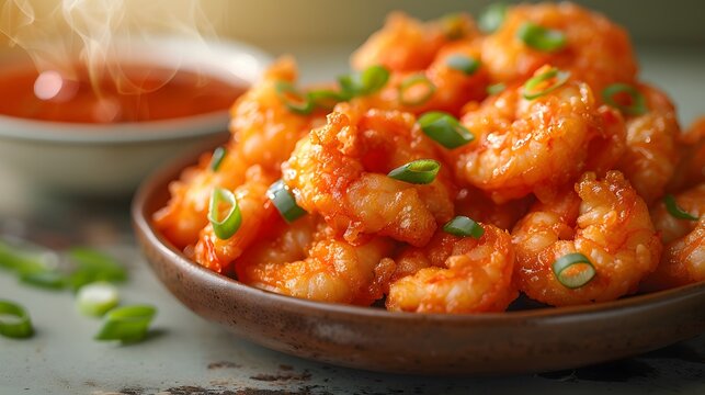 Crispy tempura shrimp, golden batter texture, scattered green onions, gradient pale yellow background, small bowl of vibrant red tomato sauce, food photography, macro details.