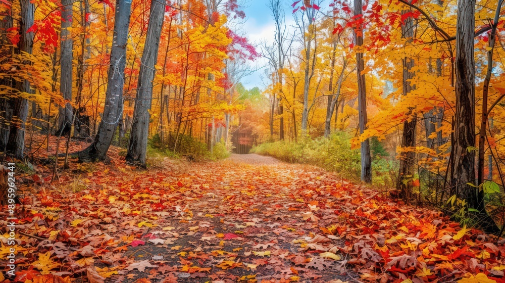 Poster a serene autumn scene with a trail covered in fallen leaves, leading through a forest of trees displ
