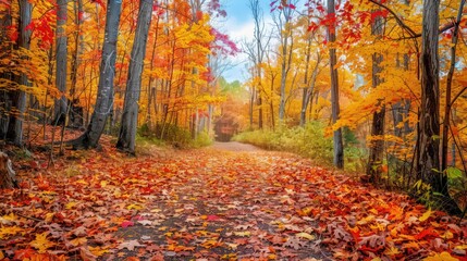 Obraz premium A serene autumn scene with a trail covered in fallen leaves, leading through a forest of trees displaying a brilliant array of fall colors under a bright sky