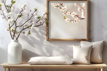Modern spring Scandinavian living room interior, Wooden picture frame, poster mockup. Cherry plum blossoms in a vase, Elegant stylish minimal home decor Background