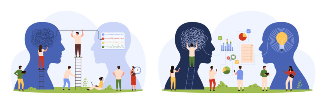 Control of disorganized chaos in mind, psychotherapy set. Tiny people unravel messy knots of wire and confusion inside human head, categorize and change thinking to order cartoon vector illustration
