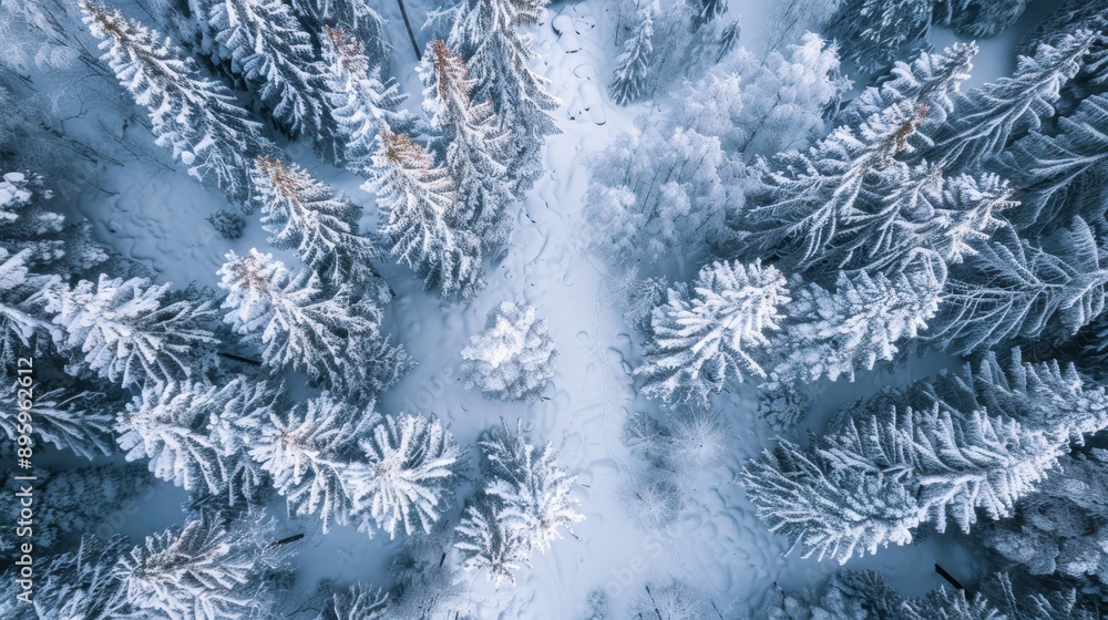 Poster aerial view of a snow covered forest in winter, showing a path winding through the trees