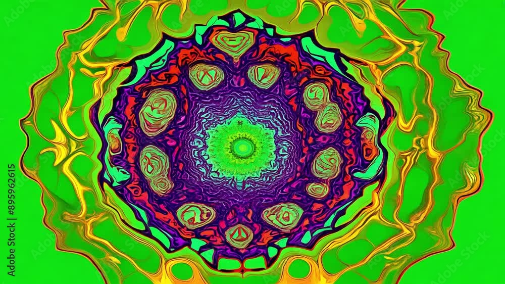 Poster animated fractal mandala pattern with colorful design on a green screen background, ideal for creati