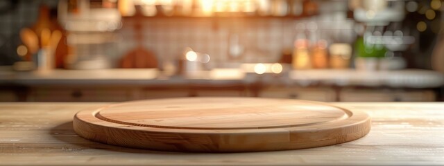 Empty Wooden Round Pizza Board on Blurred Kitchen Background. Generative ai.