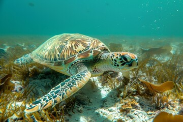 Obraz premium Sea turtle swimming underwater in a clear ocean among seaweed.