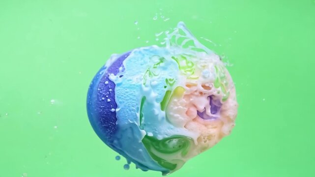 Colorful bath bomb dissolving and fizzing in water on a green screen, beauty, relaxation, and self-care themes