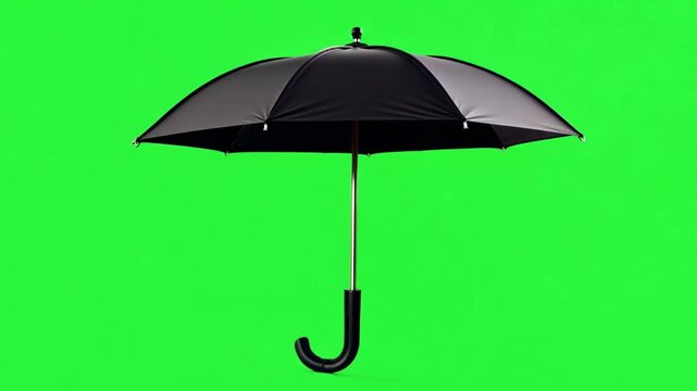 Black umbrella isolated on green screen, symbolizing protection and preparedness