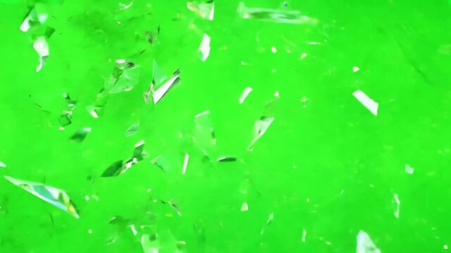 Slow motion video of glass shattering against a green screen background